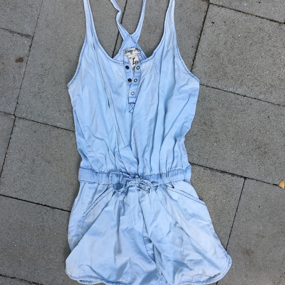 Denim romper w drawstring waste & crisscross back